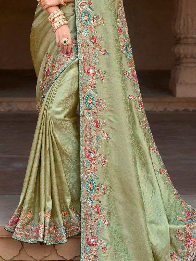 Alluring Pista Green Sequins Silk Wedding Wear Saree With Blouse