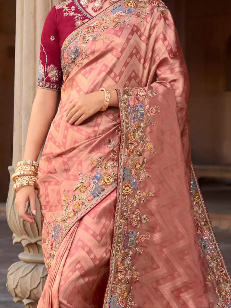 Charming Peach Color Sequins Silk Event Wear Saree With Blouse