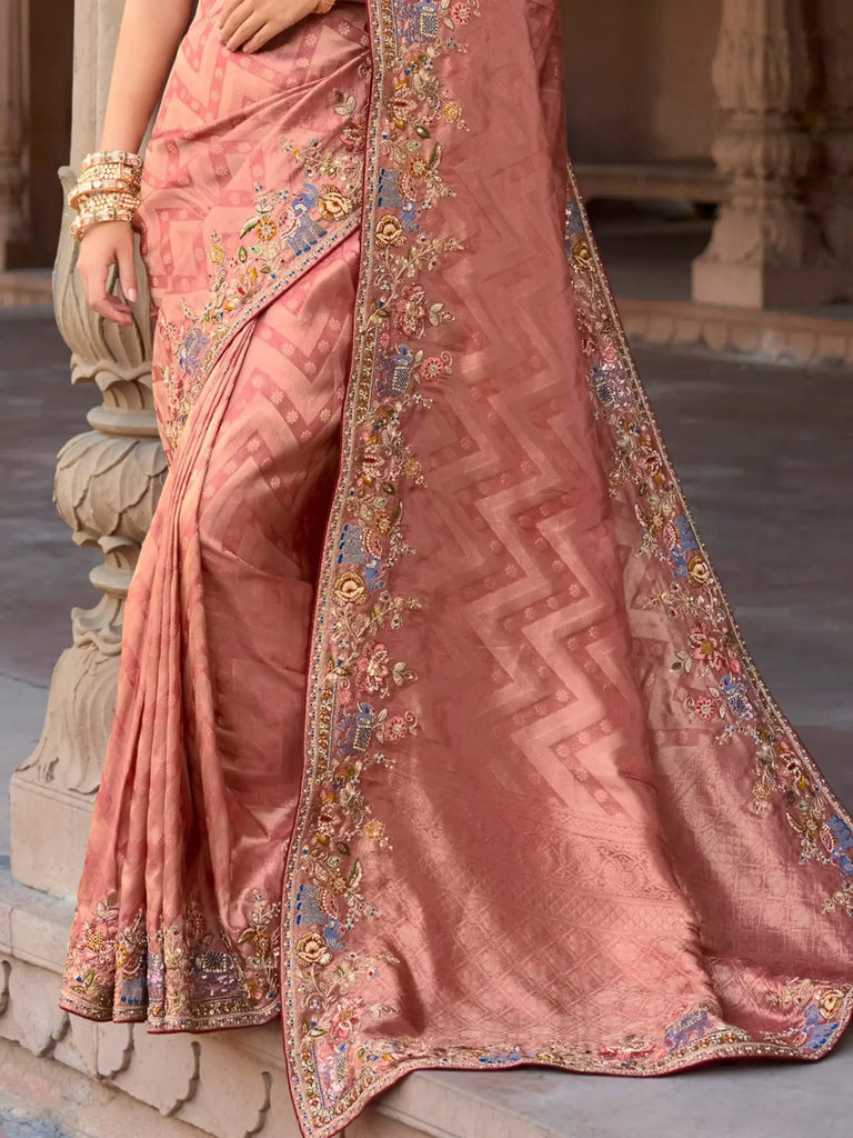 Charming Peach Color Sequins Silk Event Wear Saree With Blouse