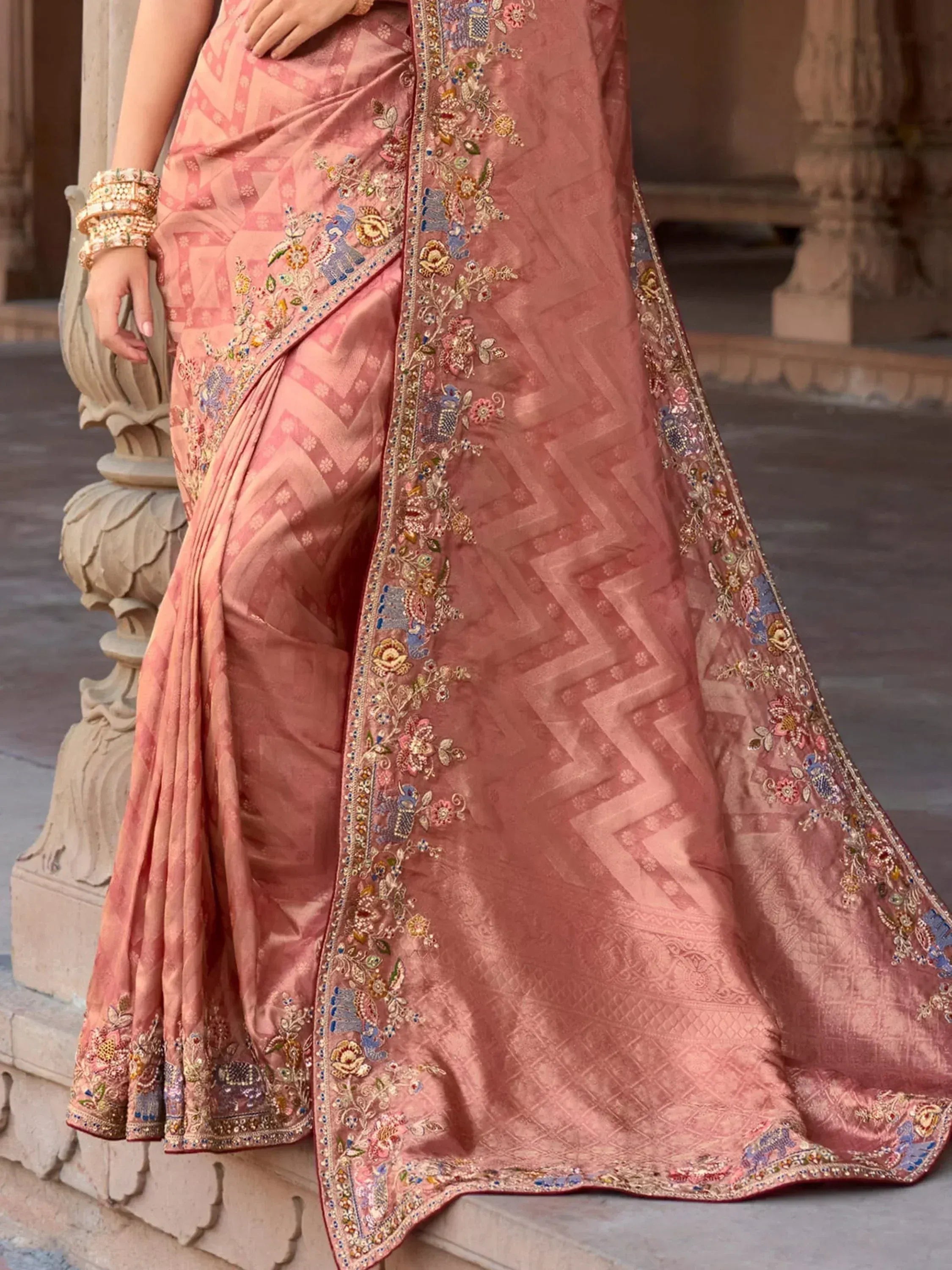 Charming Peach Color Sequins Silk Event Wear Saree With Blouse