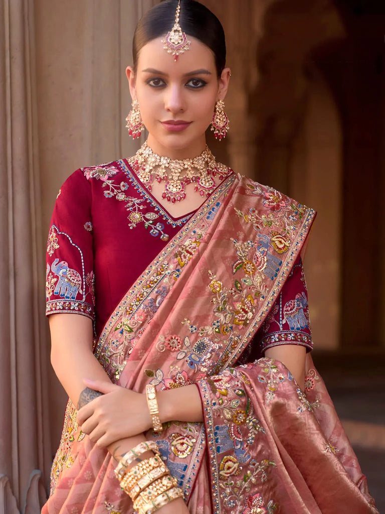 Charming Peach Color Sequins Silk Event Wear Saree With Blouse