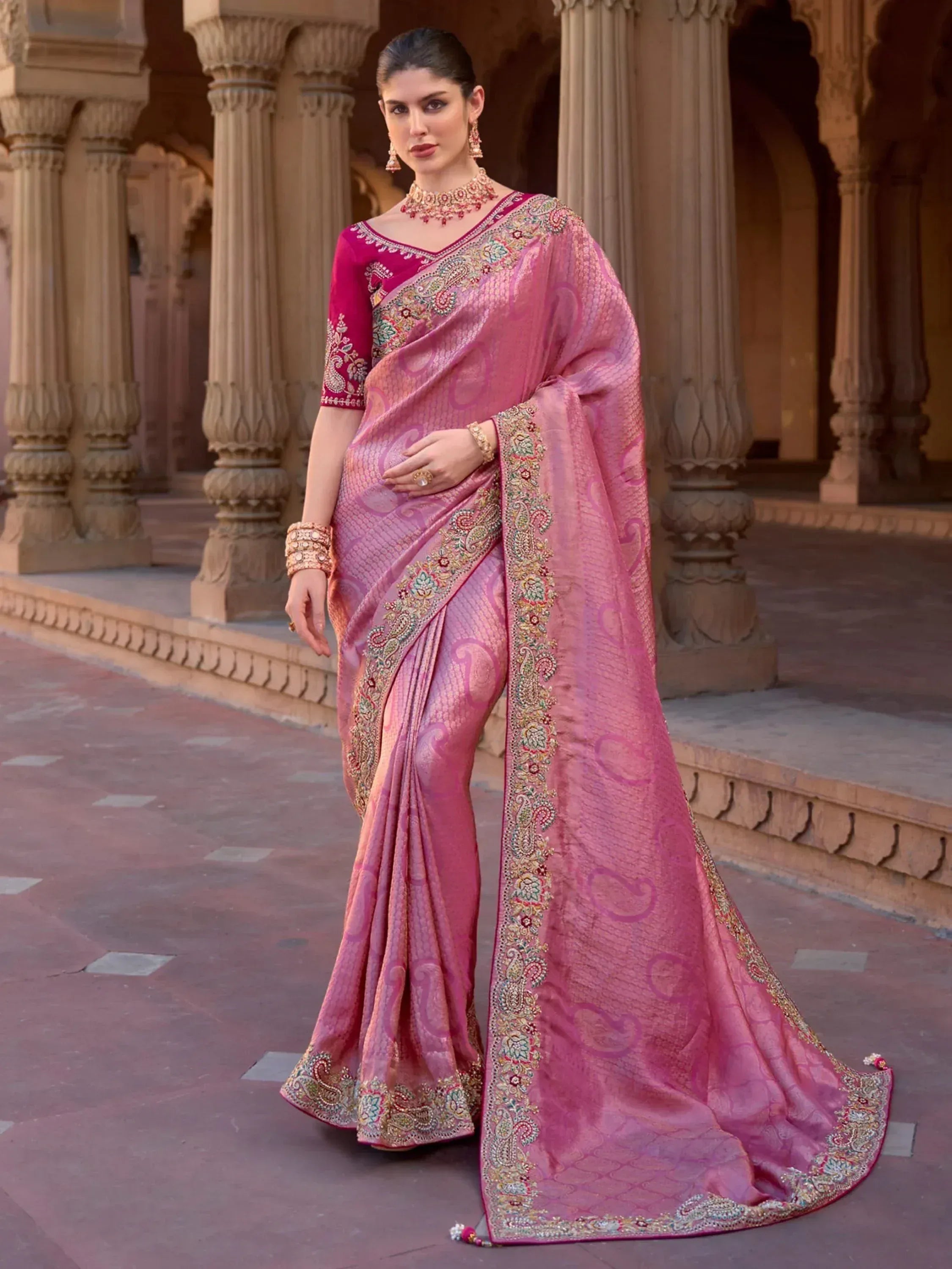 Fascinating Pink Color Sequins Silk Wedding Wear Saree With Blouse