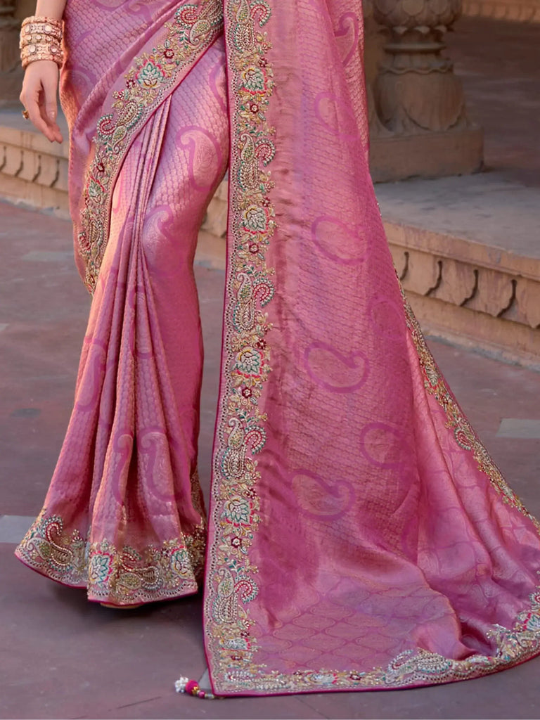 Fascinating Pink Color Sequins Silk Wedding Wear Saree With Blouse