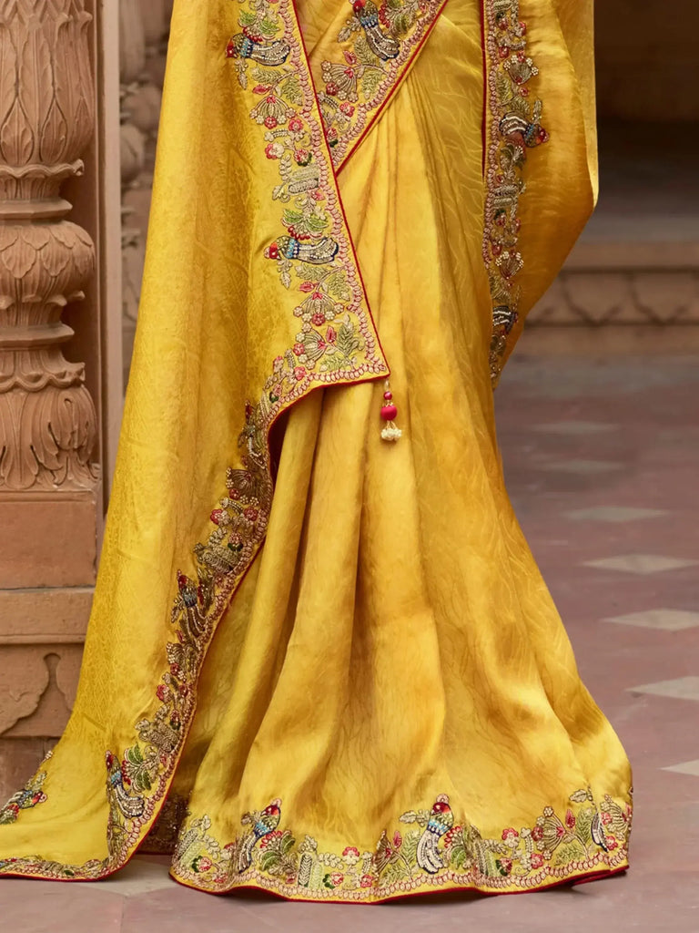 Marvelous Yellow Color Sequins Silk Haldi Wear Saree With Blouse