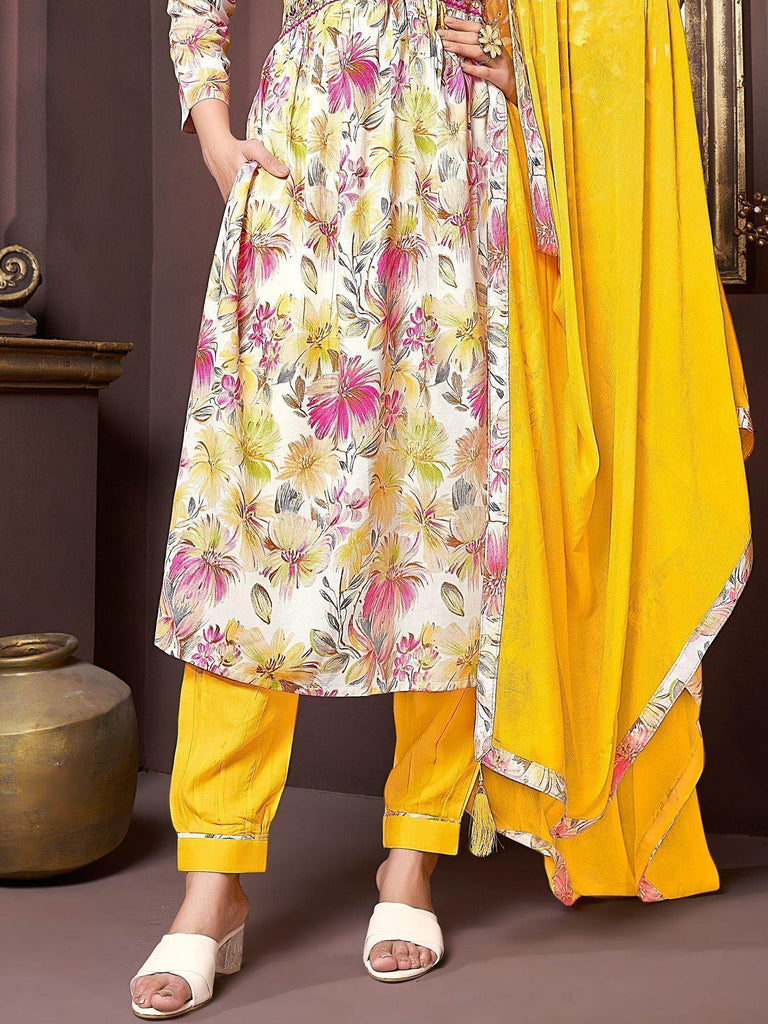 Fascinating Off-White Floral Printed Rayon Festival Wear Salwar Kameez