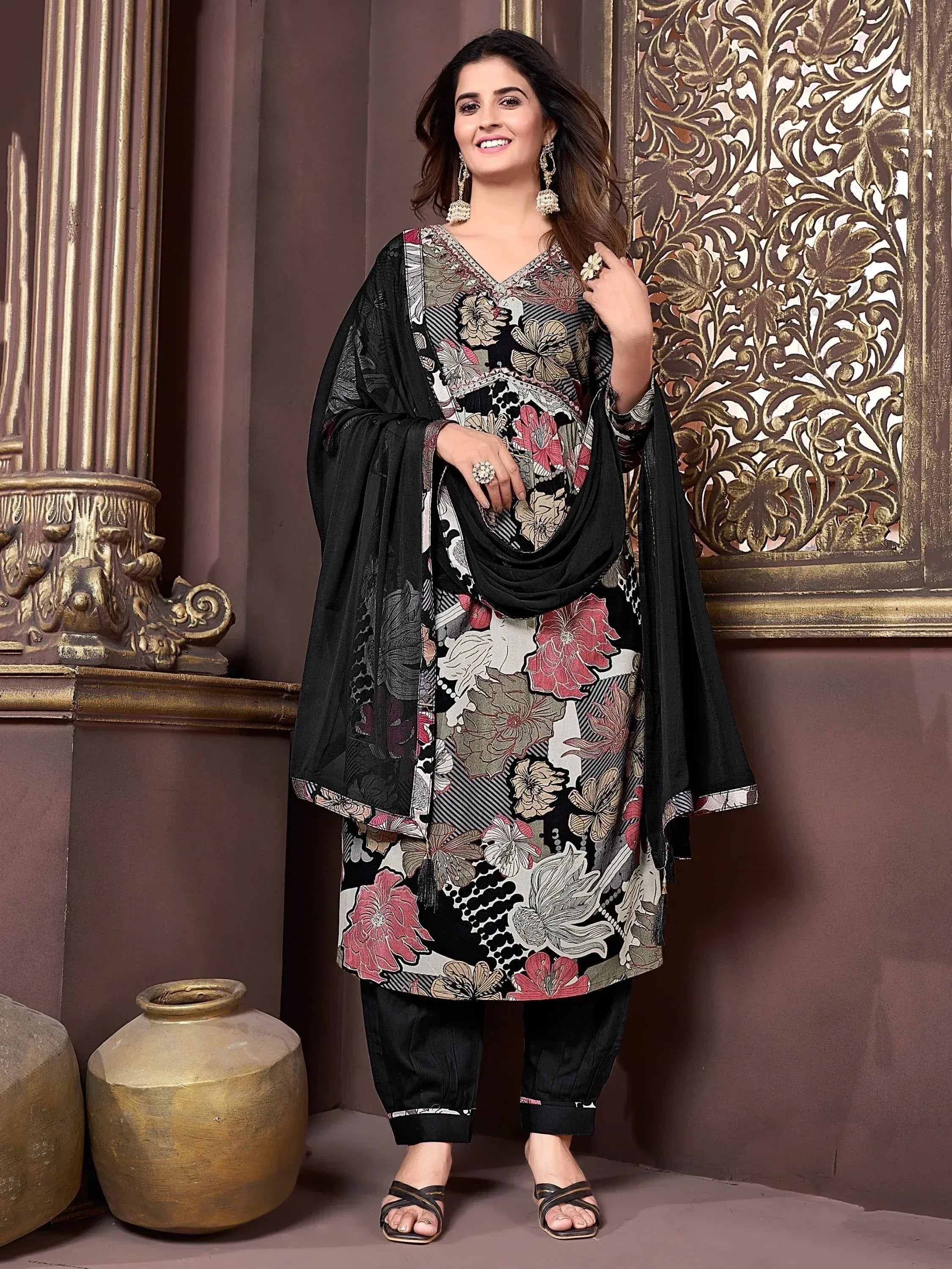 Floral print salwar kameez with black dupatta, ethnic Indian wear for women
