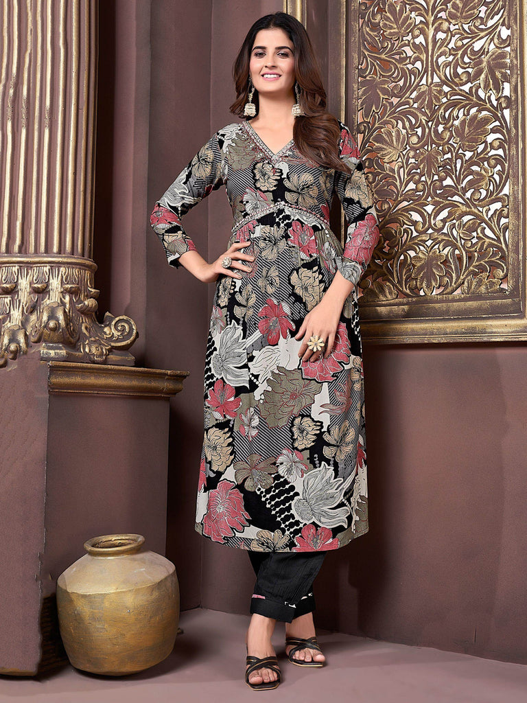 Attractive Black Floral Printed Rayon Salwar Kameez With Dupatta