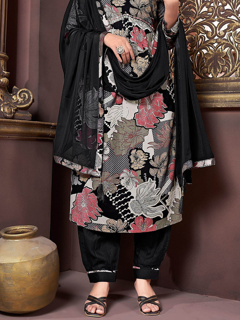 Attractive Black Floral Printed Rayon Salwar Kameez With Dupatta