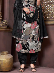 Attractive Black Floral Printed Rayon Salwar Kameez With Dupatta