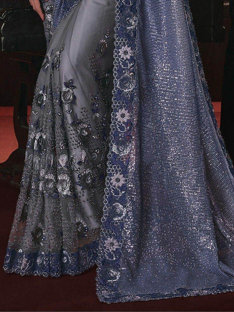 Spectacular Blue & Grey Sequins Net Reception Wear Saree With Blouse