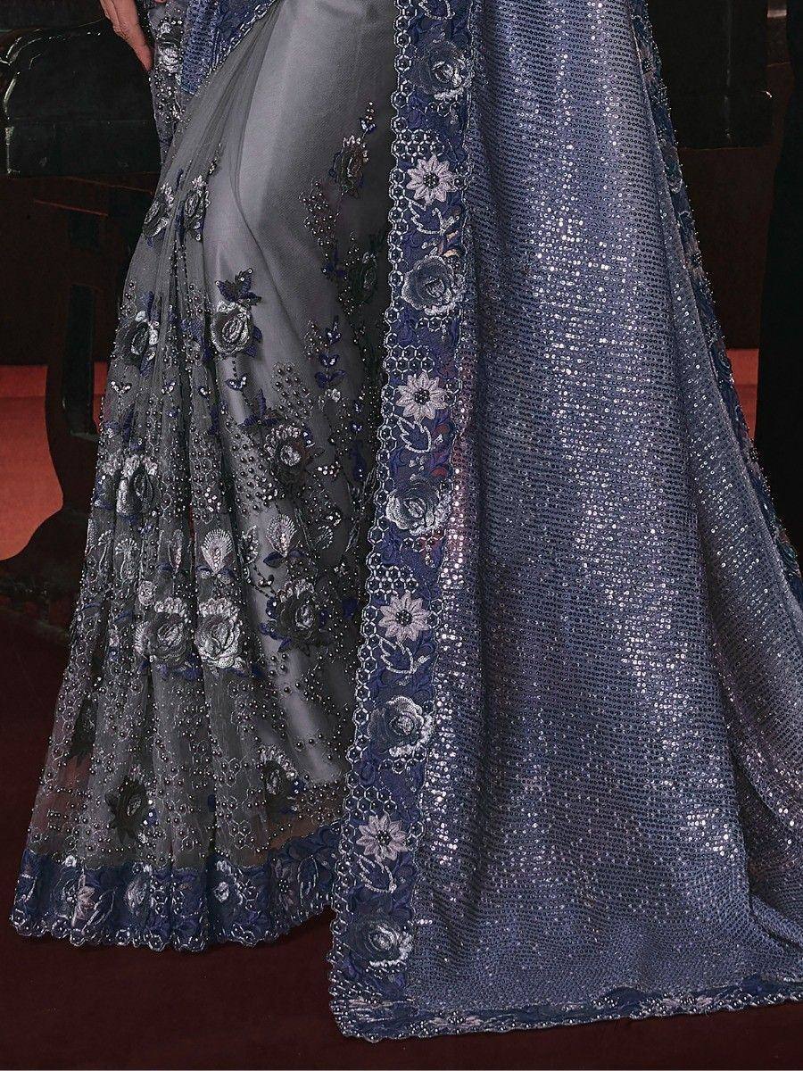 Grey and navy blue designer lehenga with floral embroidery and sequin work, perfect for Indian ethnic wear