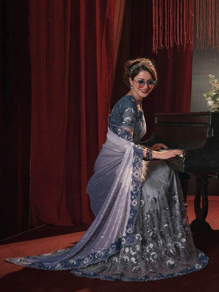 Spectacular Blue & Grey Sequins Net Reception Wear Saree With Blouse