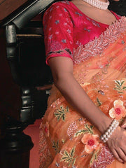 Marvelous Orange Thread Work Net Designer Saree With Blouse