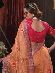 Marvelous Orange Thread Work Net Designer Saree With Blouse