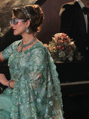 Beautiful Sea Green Sequins Net Wedding Wear Saree With Blouse