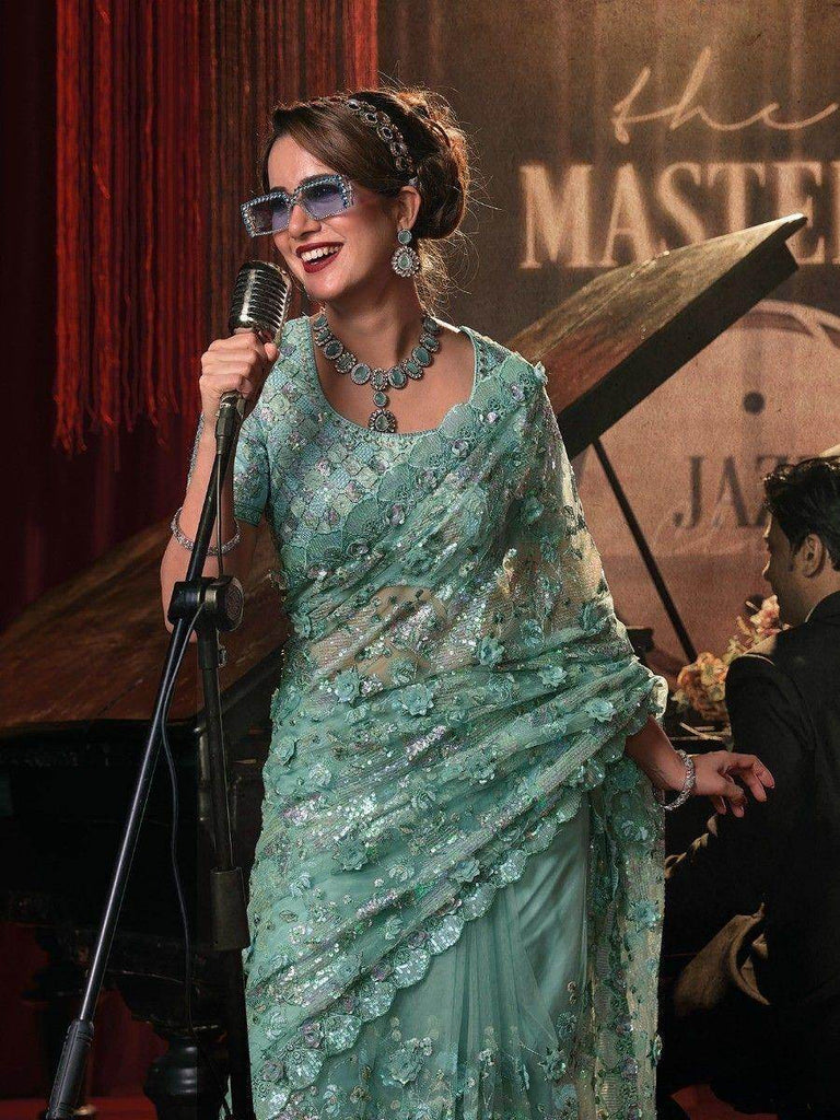 Beautiful Sea Green Sequins Net Wedding Wear Saree With Blouse