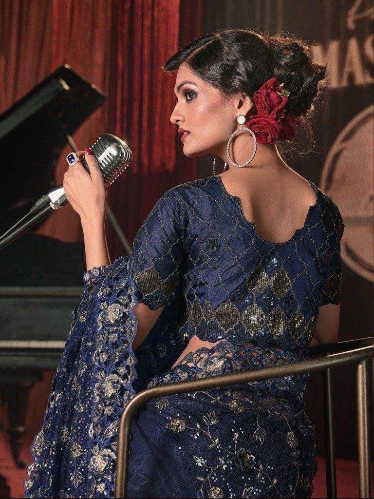 Stunning Navy-Blue Sequins Net Cocktail Party Wear Saree With Blouse
