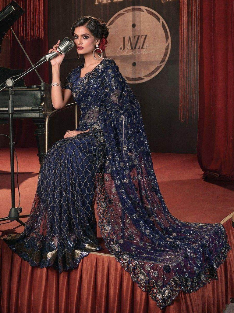 Stunning Navy-Blue Sequins Net Cocktail Party Wear Saree With Blouse