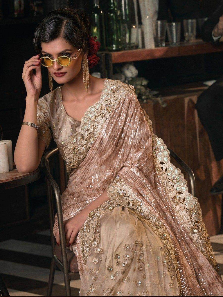 Awesome Beige Sequins Net Reception Wear Saree With Blouse