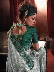 Outstanding Green Sequins Net Designer Saree With Blouse