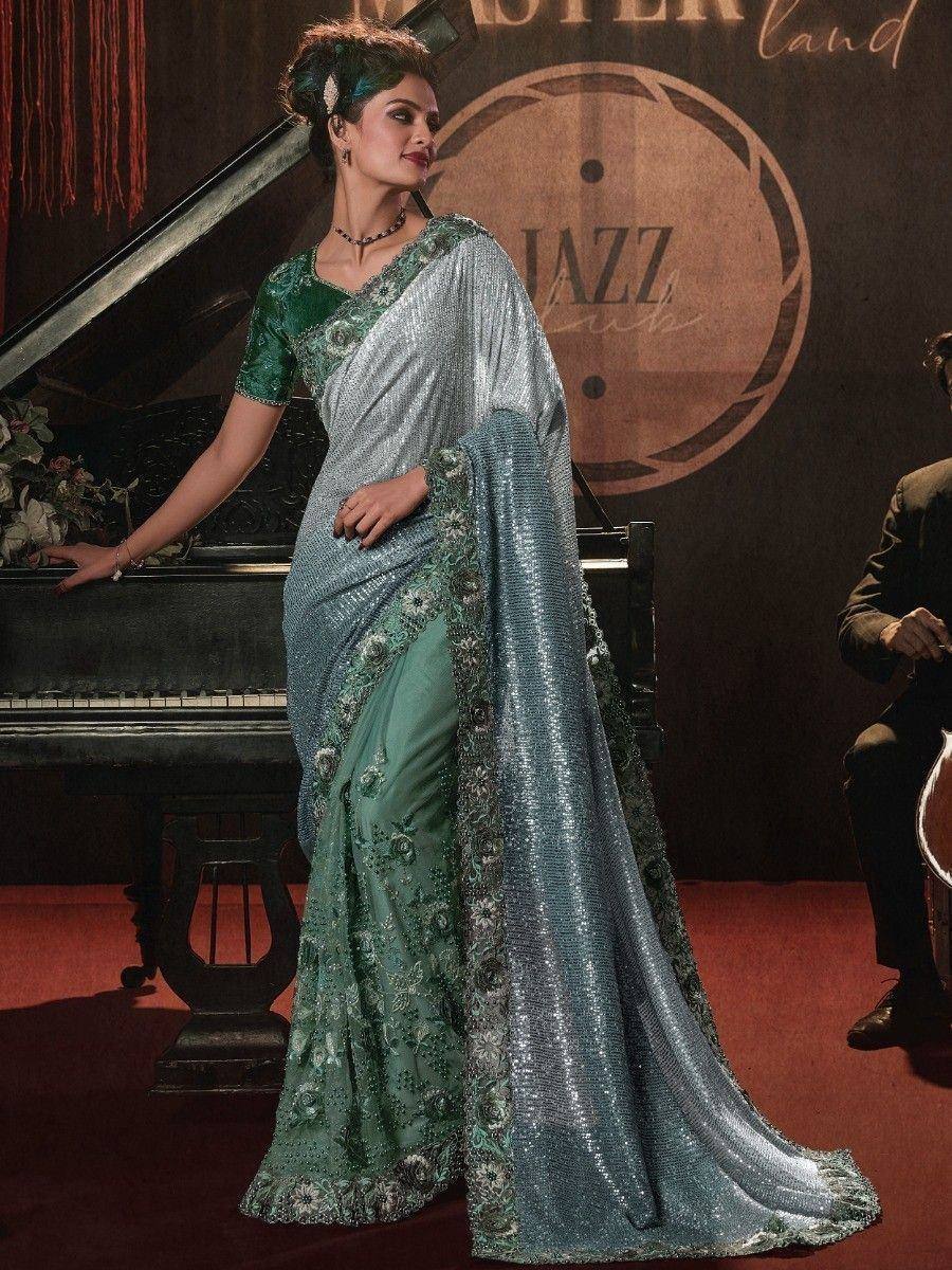 Elegant green and silver sequin saree with floral embroidery, perfect for Indian ethnic events and parties.
