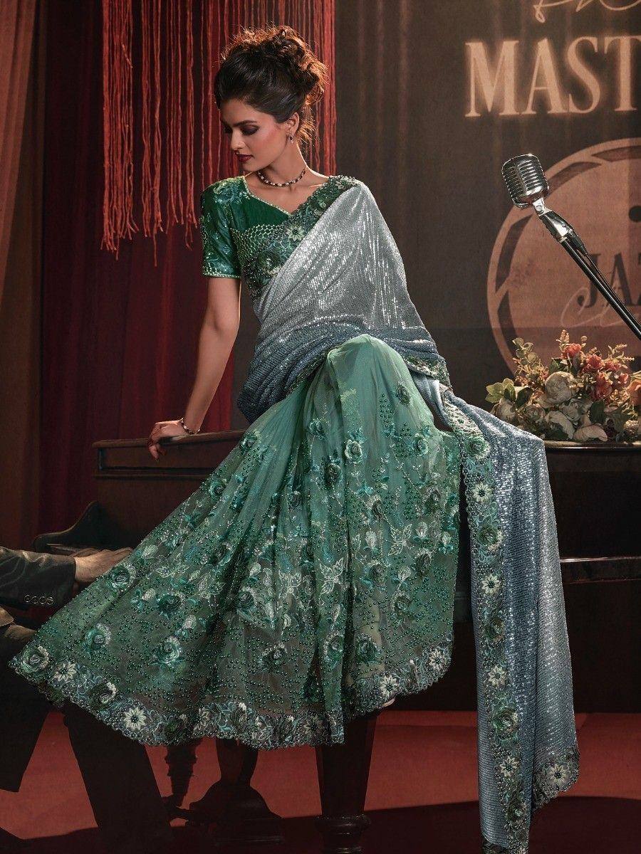 Emerald green embroidered lehenga choli with silver sequin dupatta, perfect for Indian ethnic events
