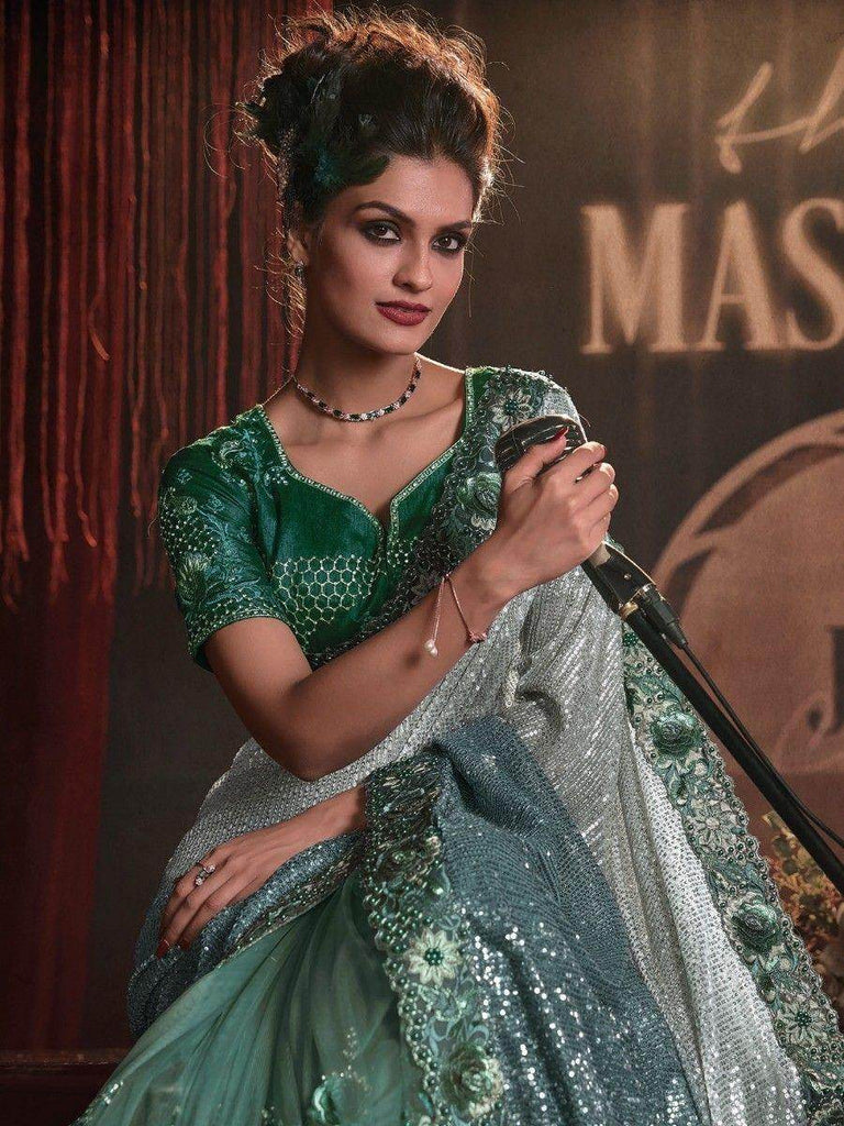 Outstanding Green Sequins Net Designer Saree With Blouse