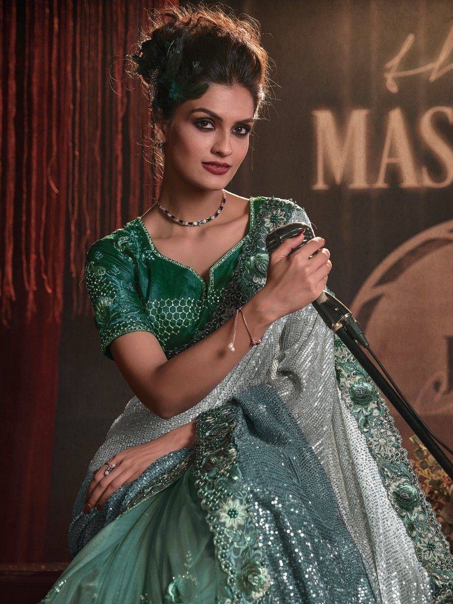 Elegant green and silver designer lehenga choli with sequin embroidery, perfect for Indian ethnic events.