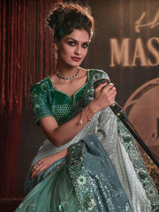 Outstanding Green Sequins Net Designer Saree With Blouse