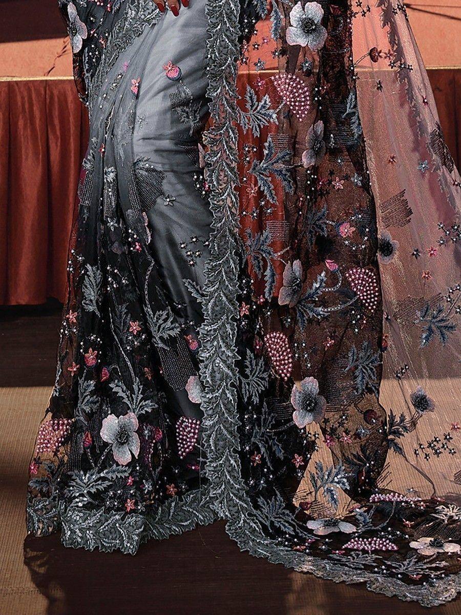 Black floral embroidered saree with sheer net dupatta, perfect for Indian ethnic wear occasions