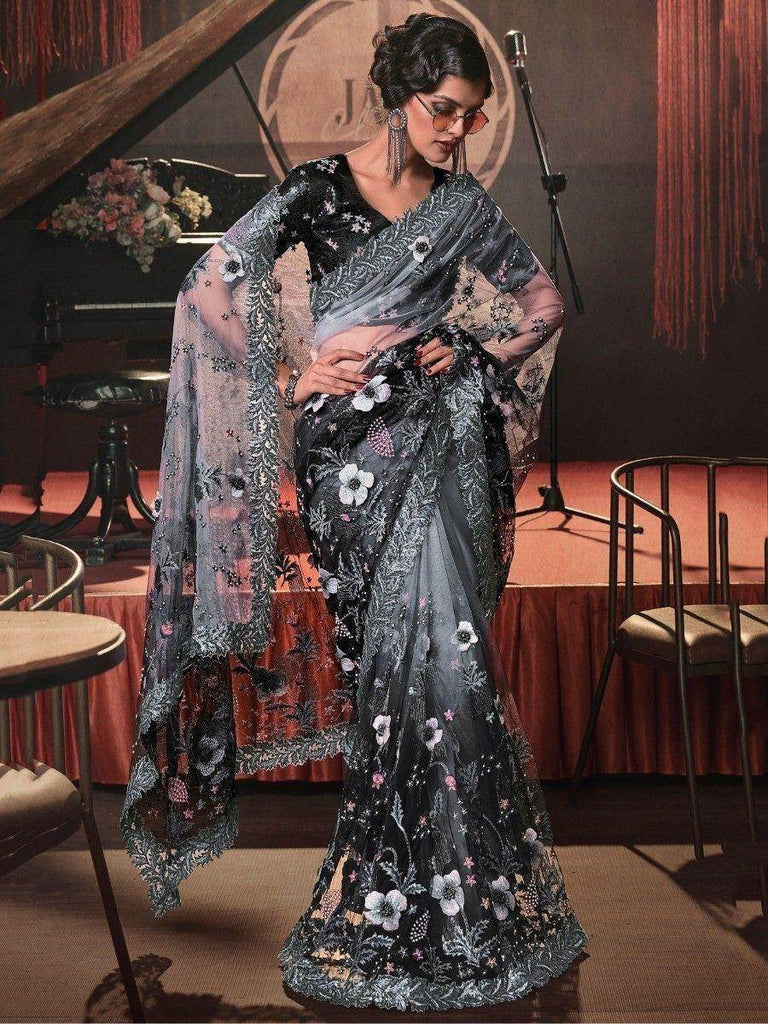 Amazing Black & Grey Sequins Net Wedding Wear Saree With Blouse