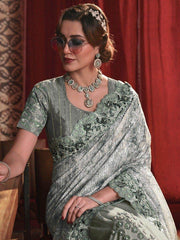 Charming Pista Green Sequins Net Party Wear Saree With Blouse