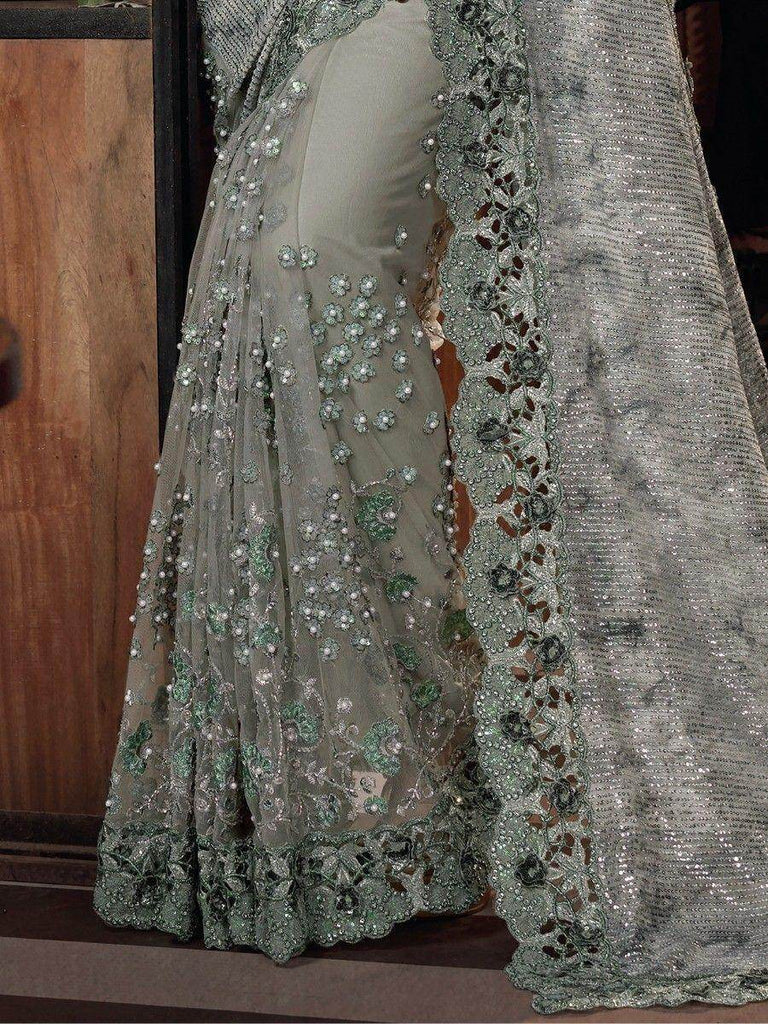 Charming Pista Green Sequins Net Party Wear Saree With Blouse