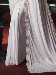 Wonderful White Mirror Work Net Reception Wear Saree With Blouse