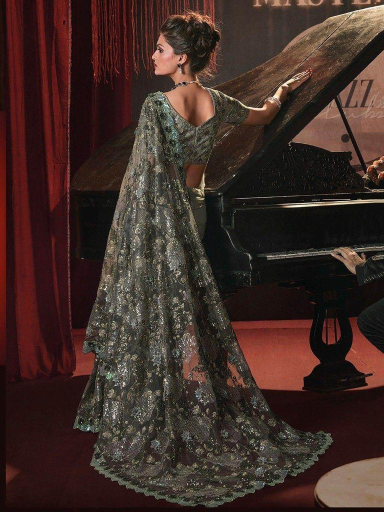 Fabulous Sage Green Sequins Net Party Wear Designer Wear Saree