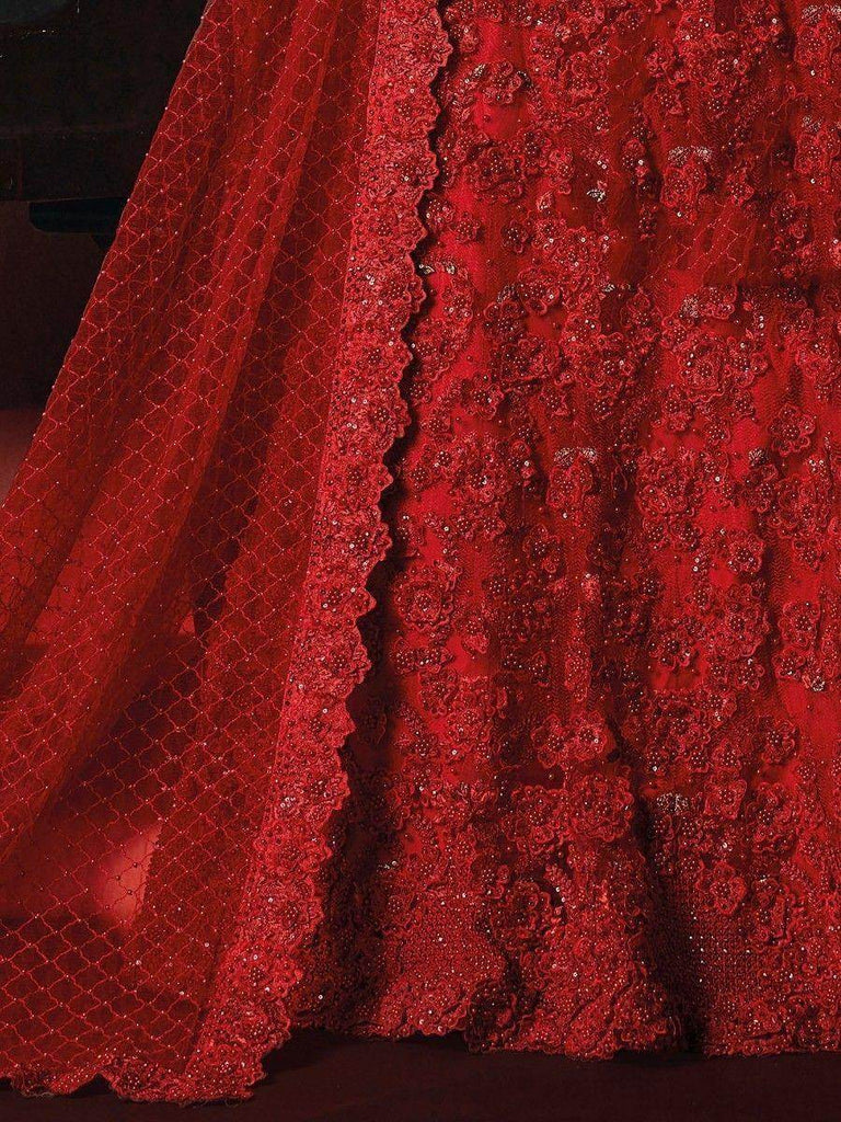 Attractive Red Flower Applique Work Net Reception Wear Lehenga Choli