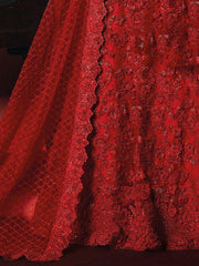 Attractive Red Flower Applique Work Net Reception Wear Lehenga Choli