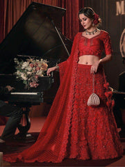 Attractive Red Flower Applique Work Net Reception Wear Lehenga Choli