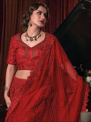 Attractive Red Flower Applique Work Net Reception Wear Lehenga Choli