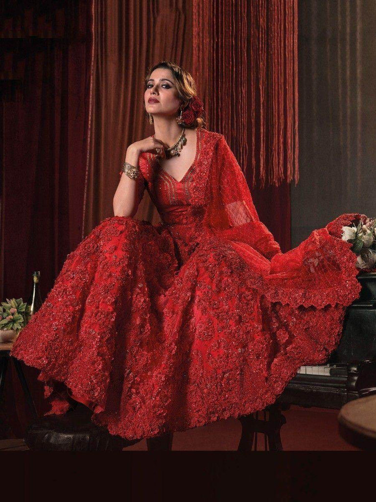 Attractive Red Flower Applique Work Net Reception Wear Lehenga Choli
