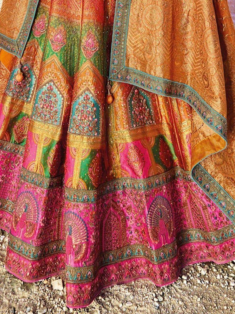Beautiful Yellow & Pink Thread Work Silk Lehenga Choli With Dupatta