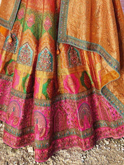 Beautiful Yellow & Pink Thread Work Silk Lehenga Choli With Dupatta