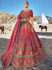 Stunning Pink Thread Work Silk Wedding Lehenga Choli With Dupatta