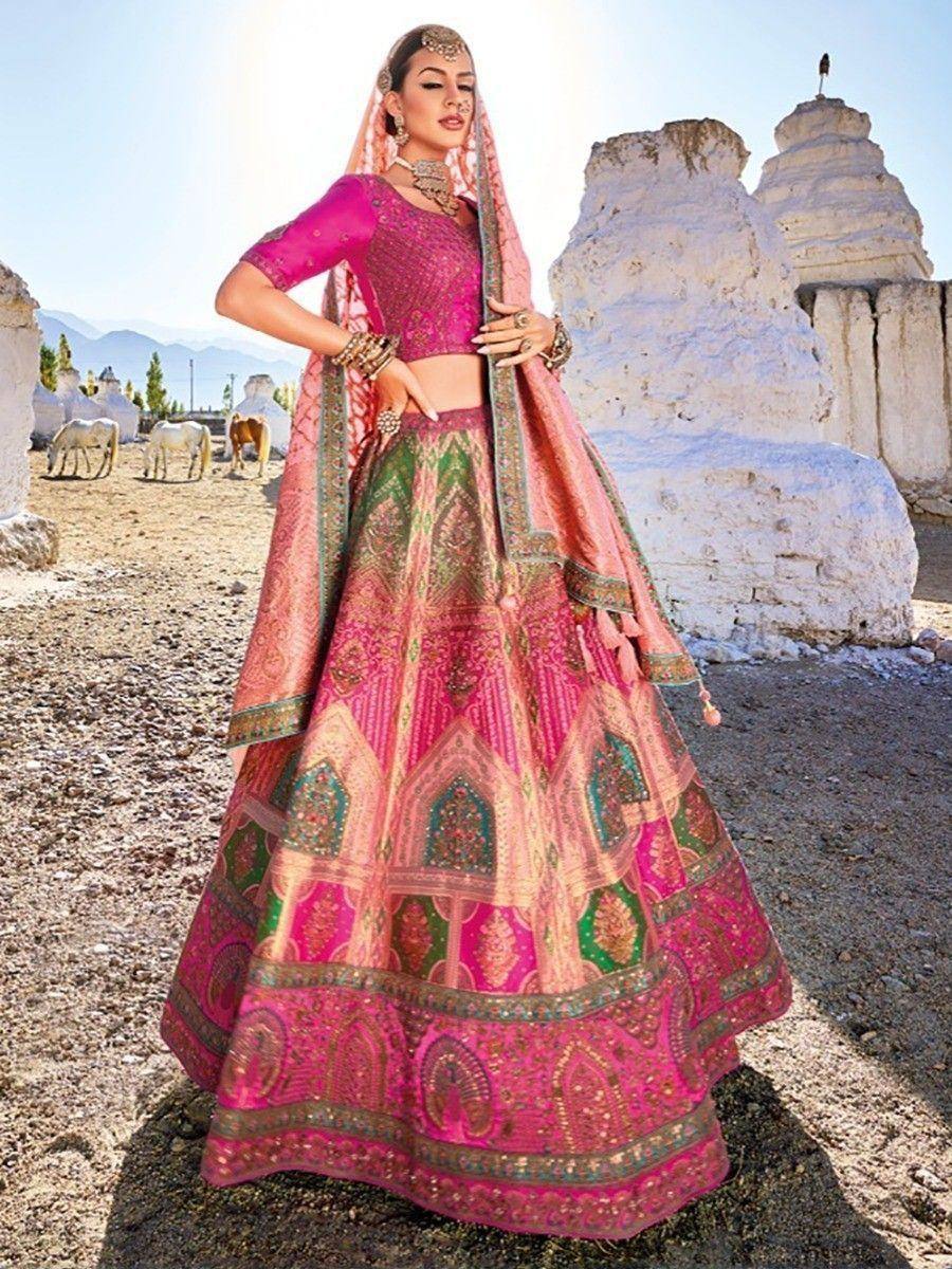 Pink and green embroidered lehenga choli with dupatta, Indian ethnic wear for weddings
