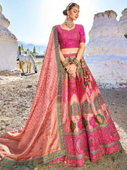Glamorous Pink Thread Work Silk Bridesmaid Lehenga Choli With Dupatta