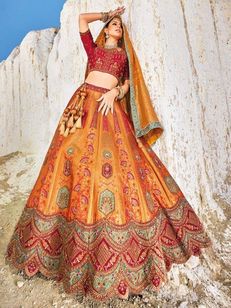 Designer lehenga choli with intricate embroidery, perfect for Indian weddings and festive occasions.