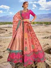 Stunning Pink Embroidered Jacquard Silk Traditional Lehenga Choli