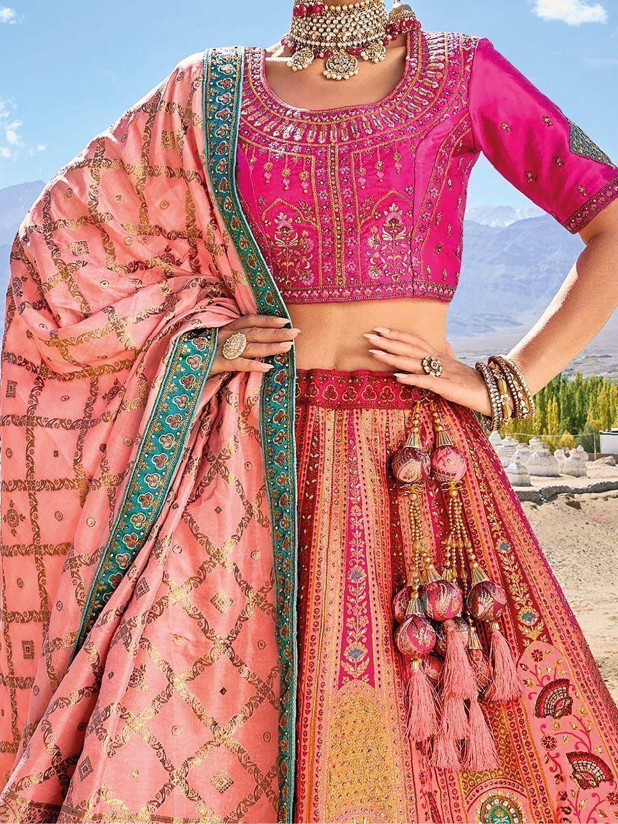 Pink embroidered lehenga choli with dupatta, traditional Indian ethnic wear for weddings and festivals