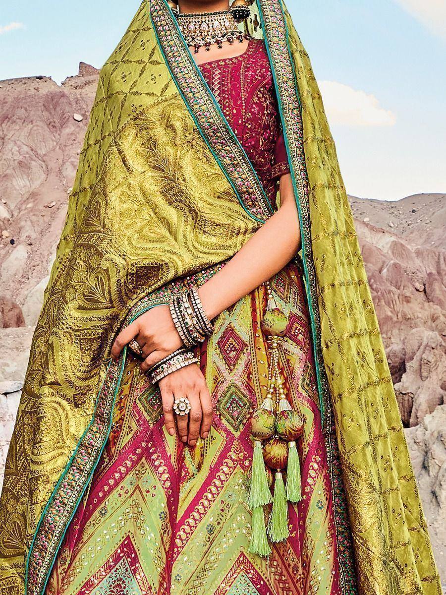 Indian ethnic lehenga choli with intricate embroidery, vibrant colors, and traditional jewelry for festive occasions