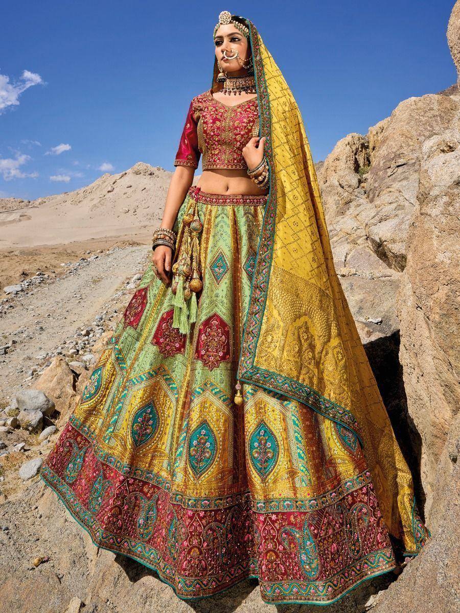 Designer lehenga choli with intricate embroidery, vibrant colors, and matching dupatta for Indian ethnic wear